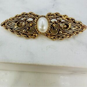 Vintage Filigree Bar Brooch Pin Faux Pearl Gold Tone Romantic Dainty Coquette